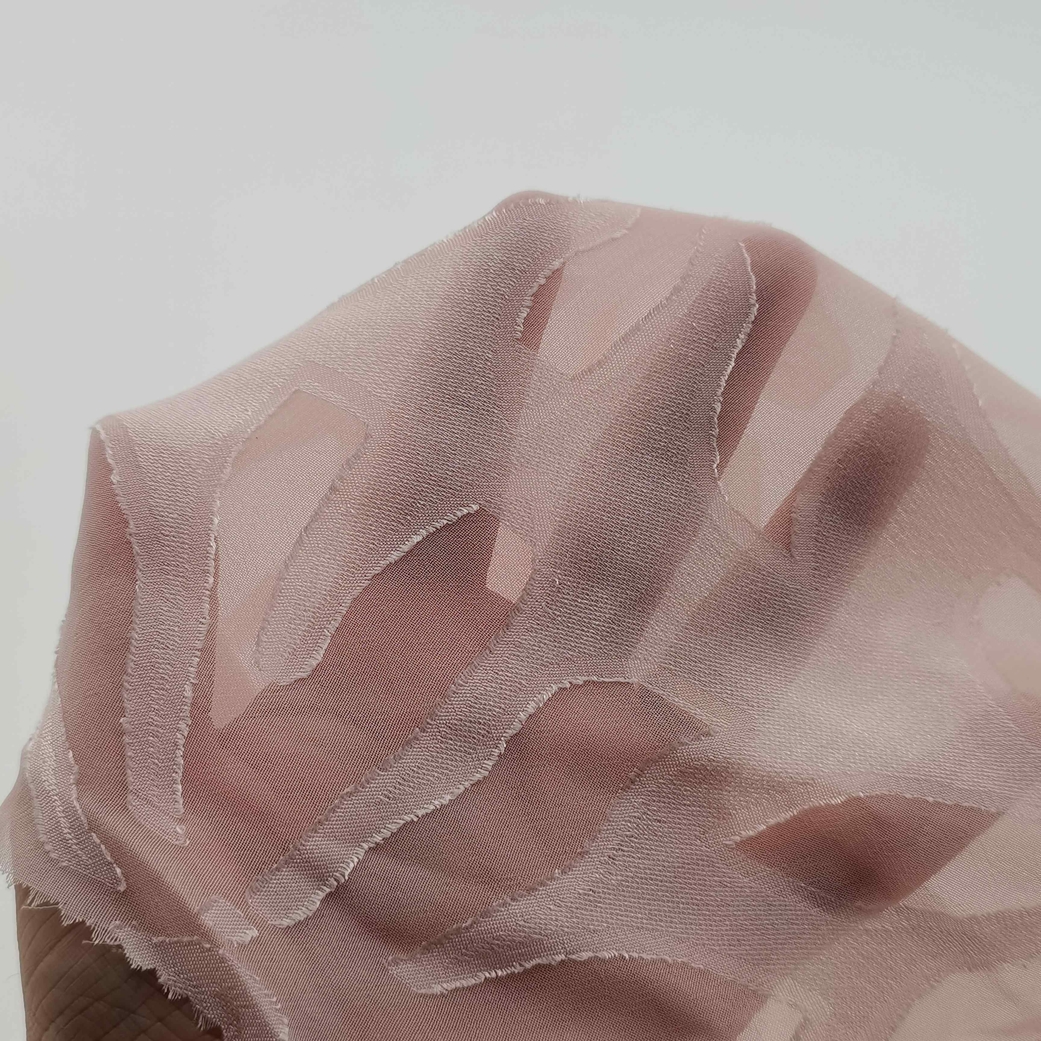 Ready to ship beautiful pink color burnout process floral design 100% polyester fabric for dress and shirt