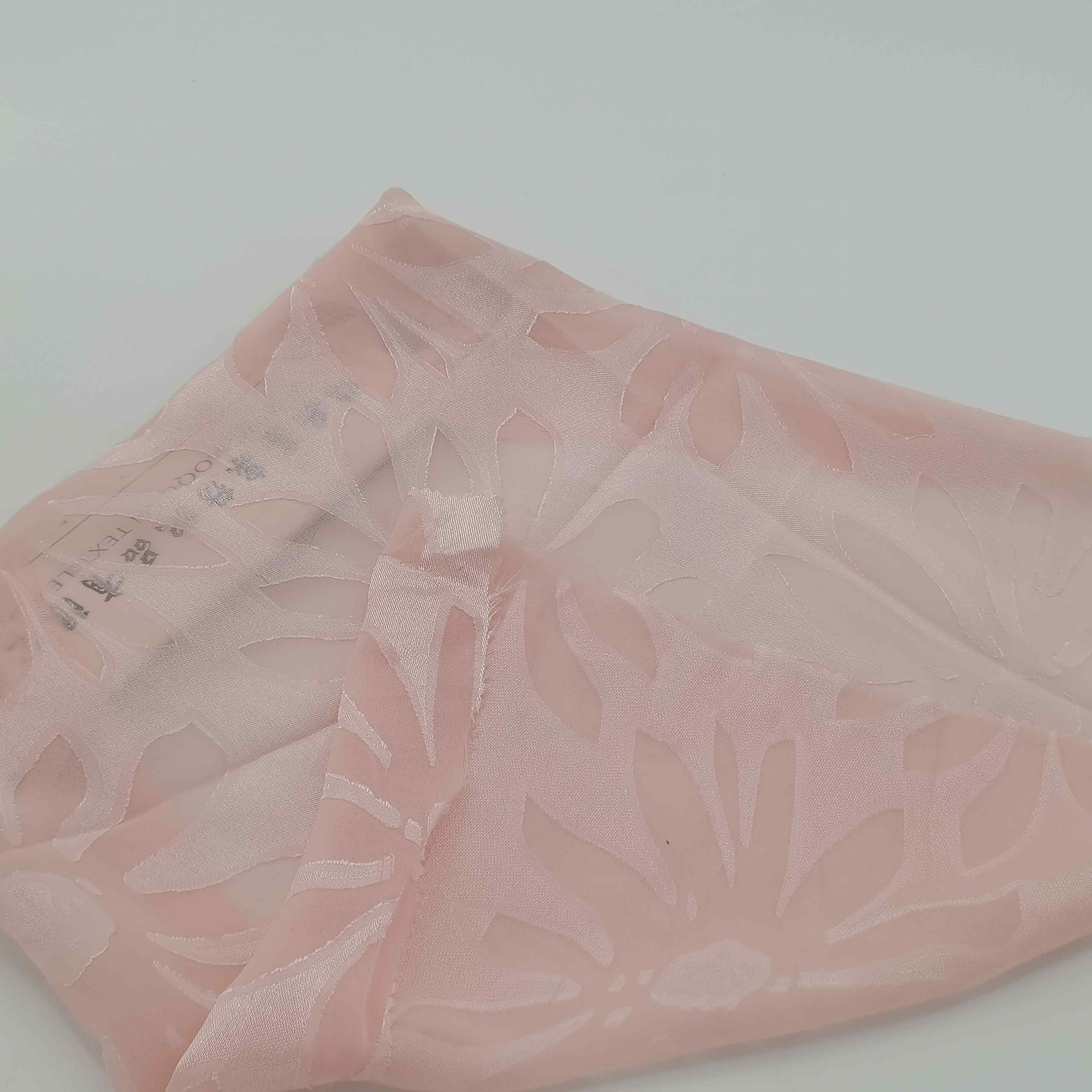 Ready to ship beautiful pink color burnout process floral design 100% polyester fabric for dress and shirt