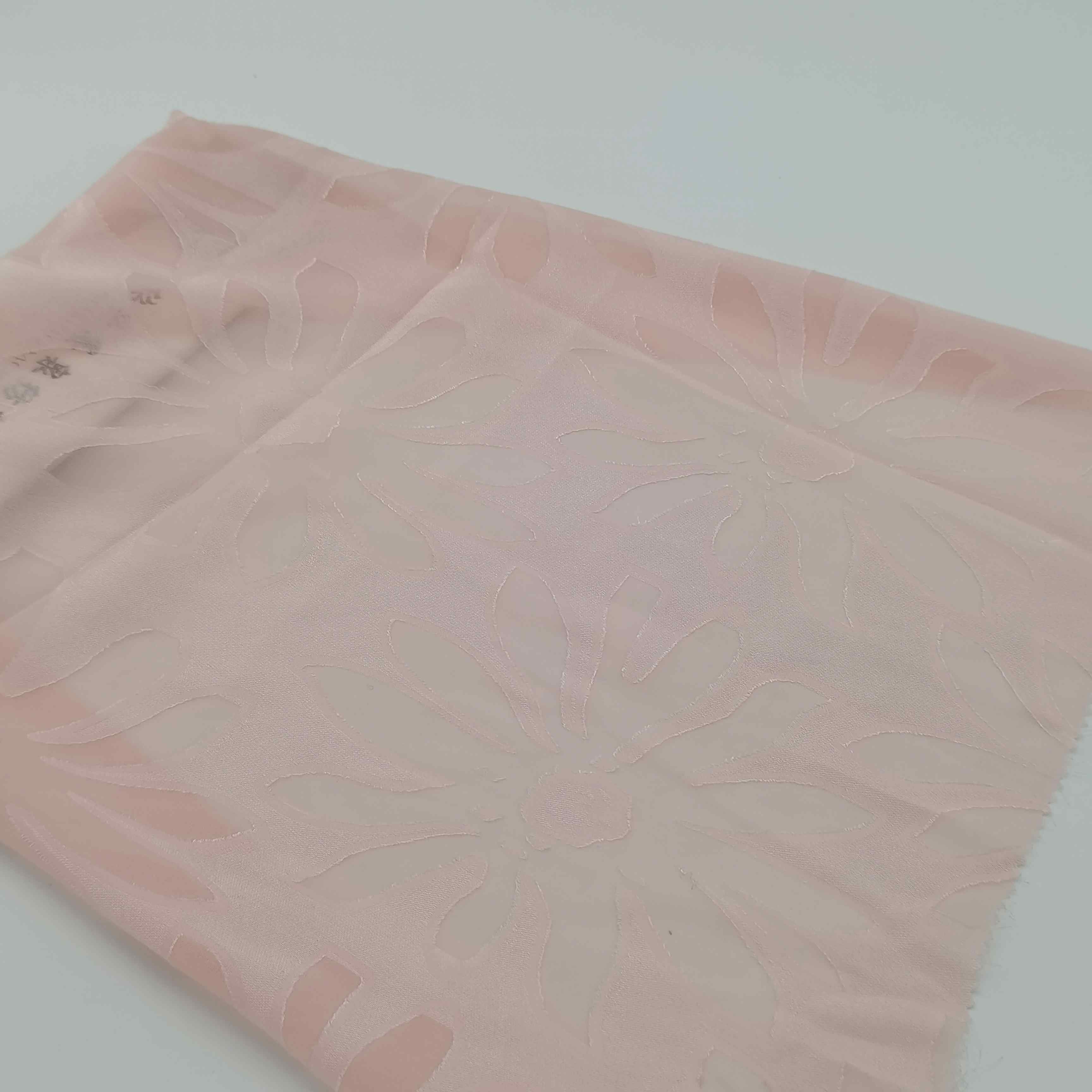 Ready to ship beautiful pink color burnout process floral design 100% polyester fabric for dress and shirt