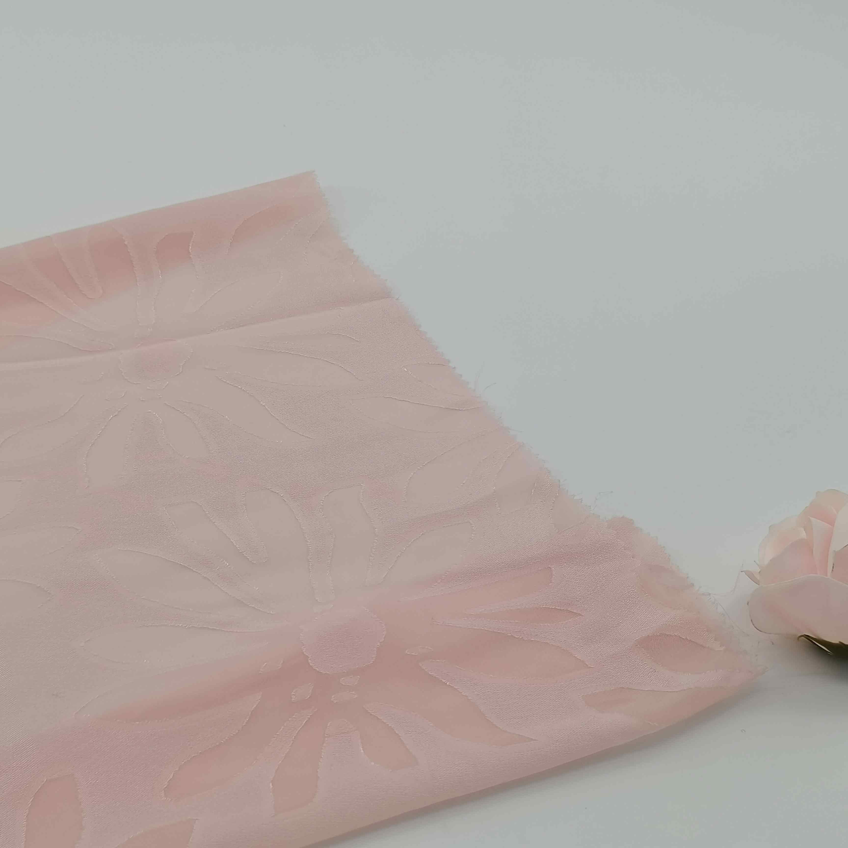 Ready to ship beautiful pink color burnout process floral design 100% polyester fabric for dress and shirt