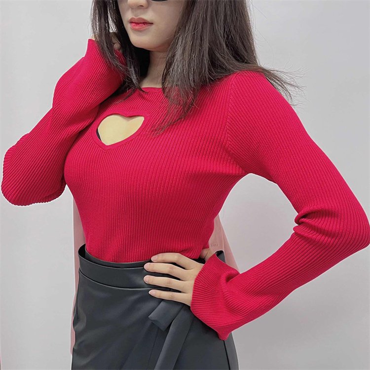 Fashion heart hollow out slim fit shirt autumn and winter solid color ribbed knitted top