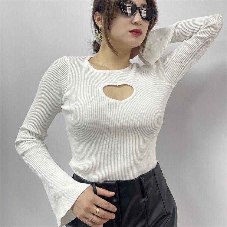 Fashion heart hollow out slim fit shirt autumn and winter solid color ribbed knitted top