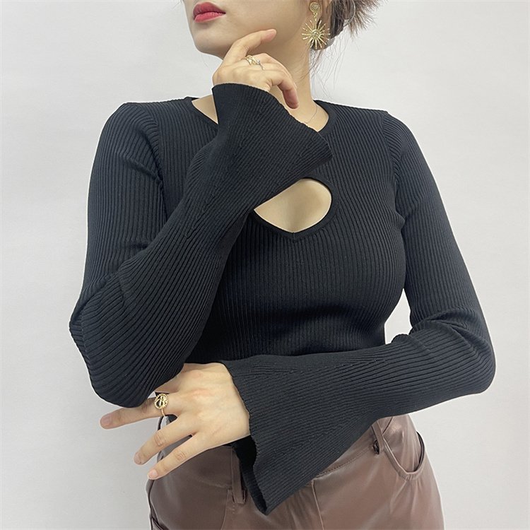 Fashion heart hollow out slim fit shirt autumn and winter solid color ribbed knitted top