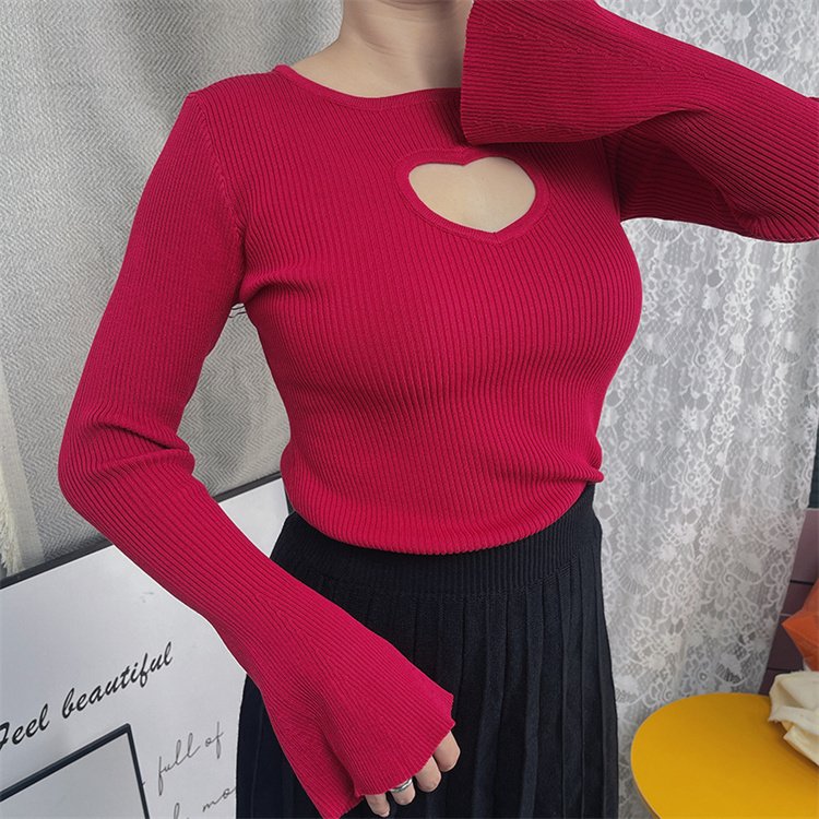 Fashion heart hollow out slim fit shirt autumn and winter solid color ribbed knitted top