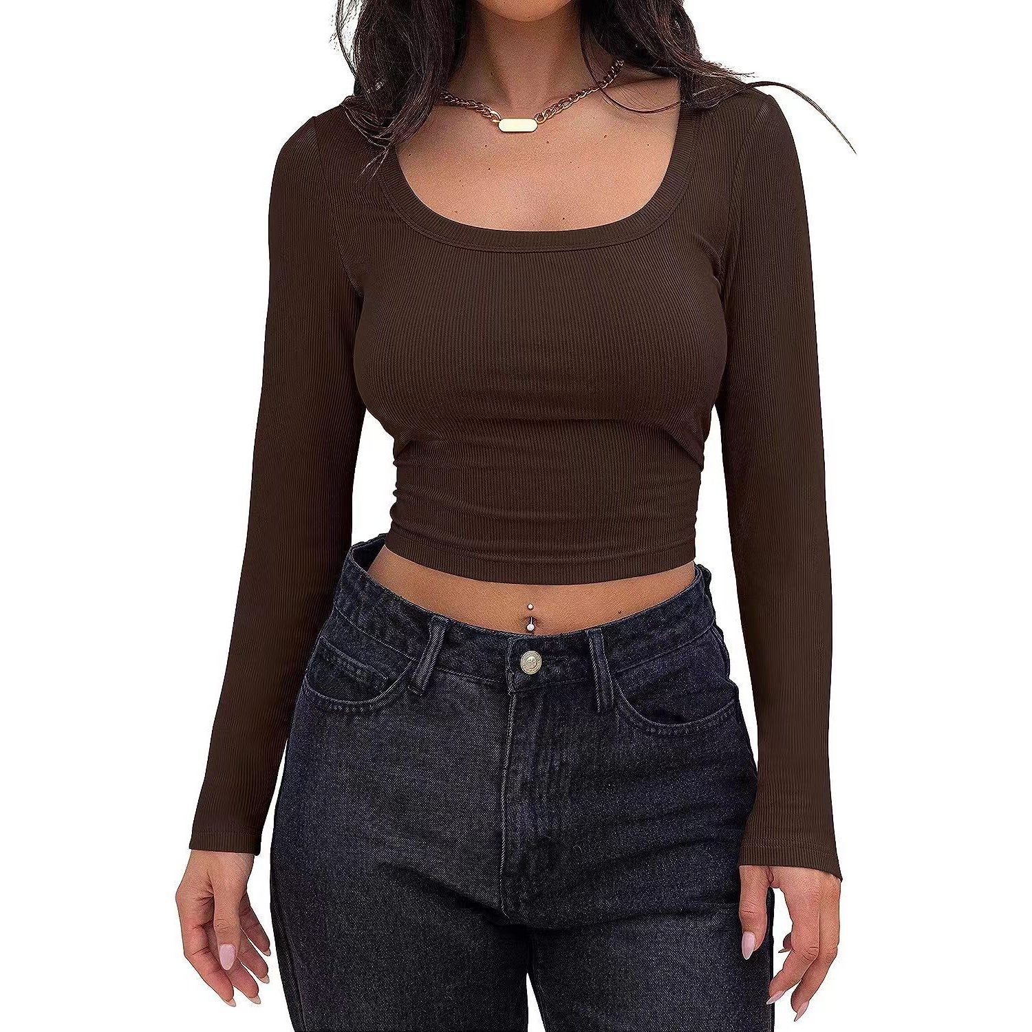 2024 Hot sale fashion solid color crop top custom wholesale slim fit women ribbed long sleeve crop top