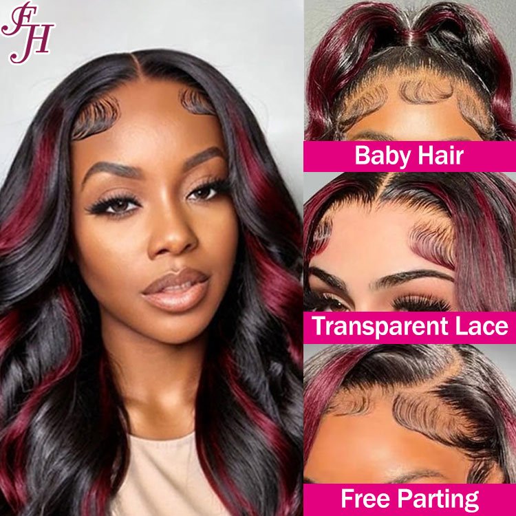 FH 20" Bouncy Frontal Wig Human Hair P18/99j 13x4 Transparent Lace Frontal Body Wave 200% Density Wig For Black Women