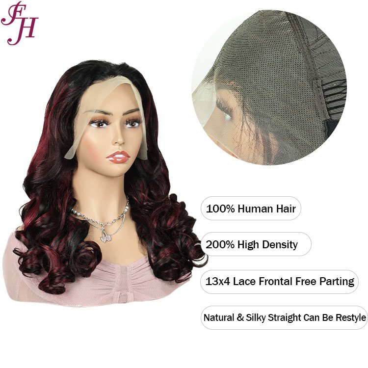 FH 20" Bouncy Frontal Wig Human Hair P18/99j 13x4 Transparent Lace Frontal Body Wave 200% Density Wig For Black Women