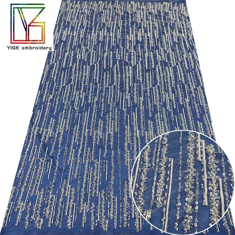 High quality white stripe beaded sequins lace wedding bridal french luxury fabric high density embroidery dress beaded fabric