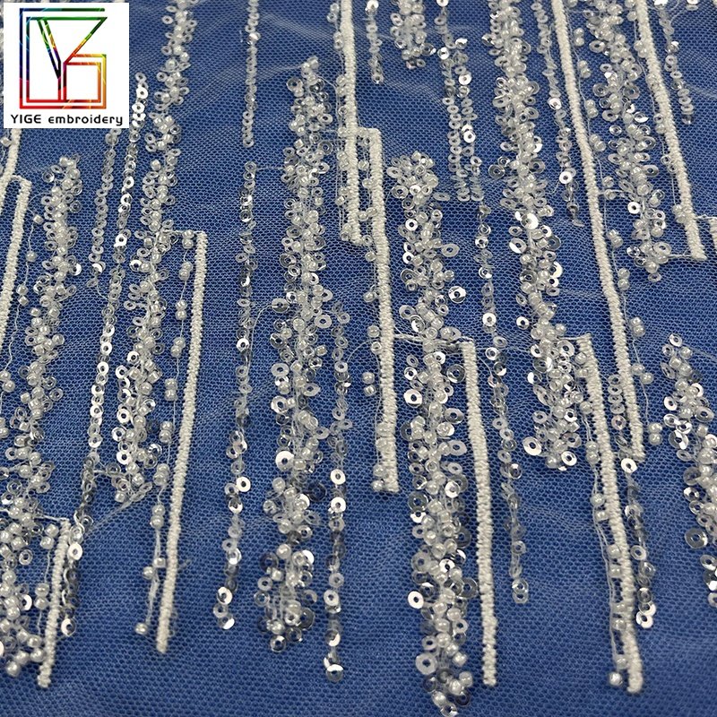 High quality white stripe beaded sequins lace wedding bridal french luxury fabric high density embroidery dress beaded fabric