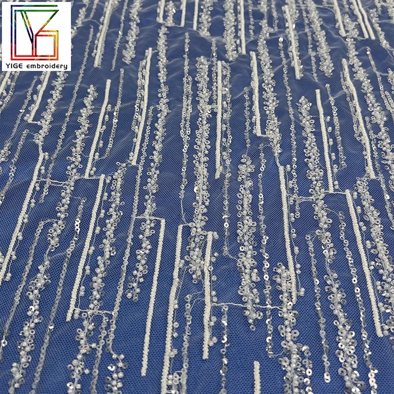 High quality white stripe beaded sequins lace wedding bridal french luxury fabric high density embroidery dress beaded fabric