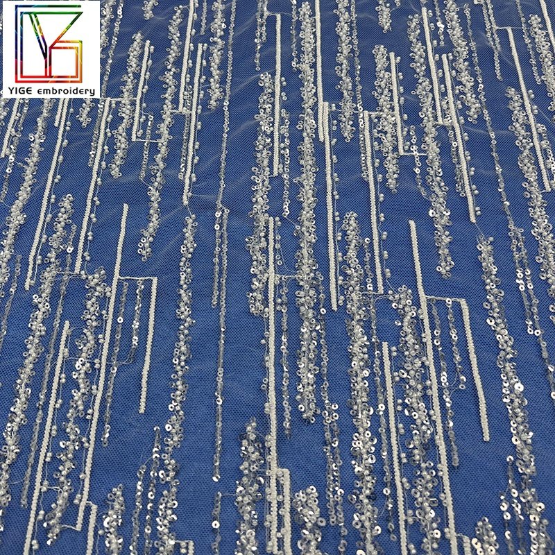 High quality white stripe beaded sequins lace wedding bridal french luxury fabric high density embroidery dress beaded fabric