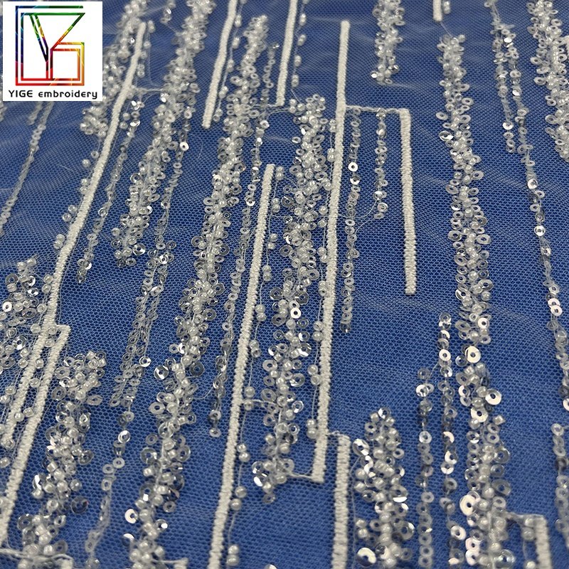 High quality white stripe beaded sequins lace wedding bridal french luxury fabric high density embroidery dress beaded fabric
