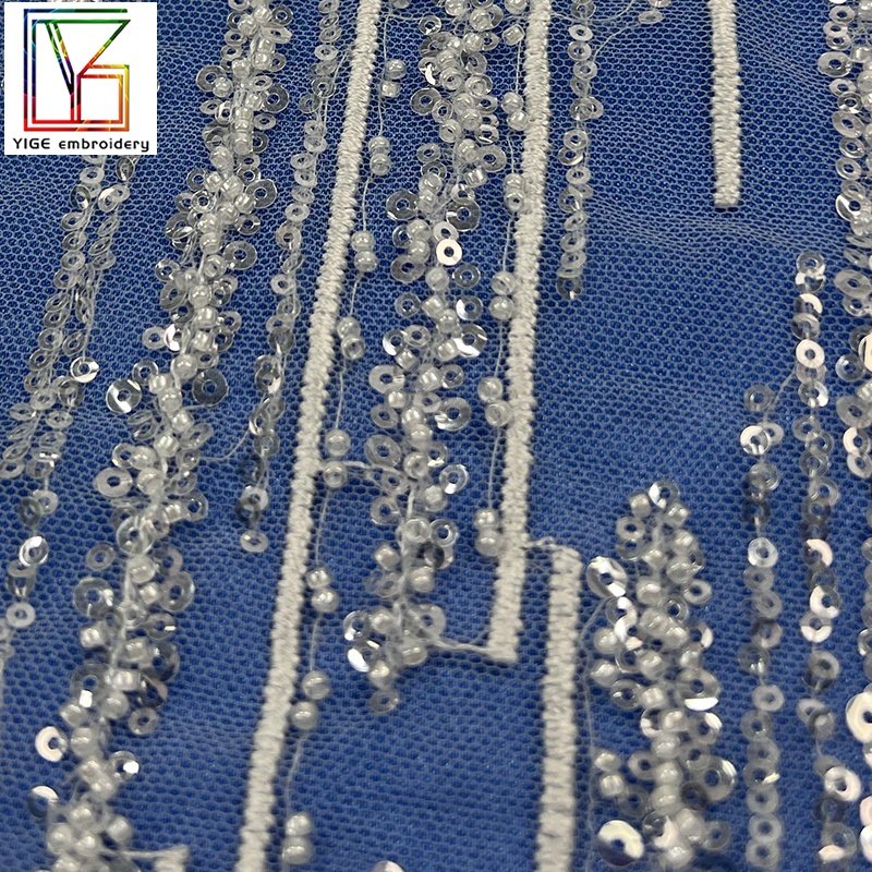 High quality white stripe beaded sequins lace wedding bridal french luxury fabric high density embroidery dress beaded fabric