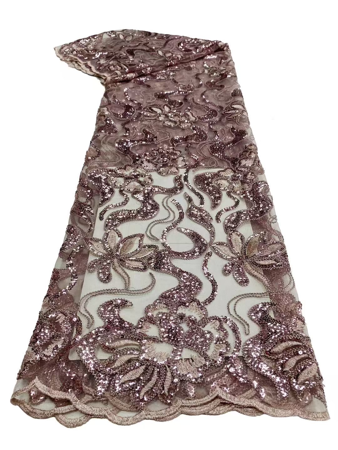Custom High Quality Plant Flower Lace Sequin Beaded Embroidery Fabric Bead Beautiful Wavy Lines
