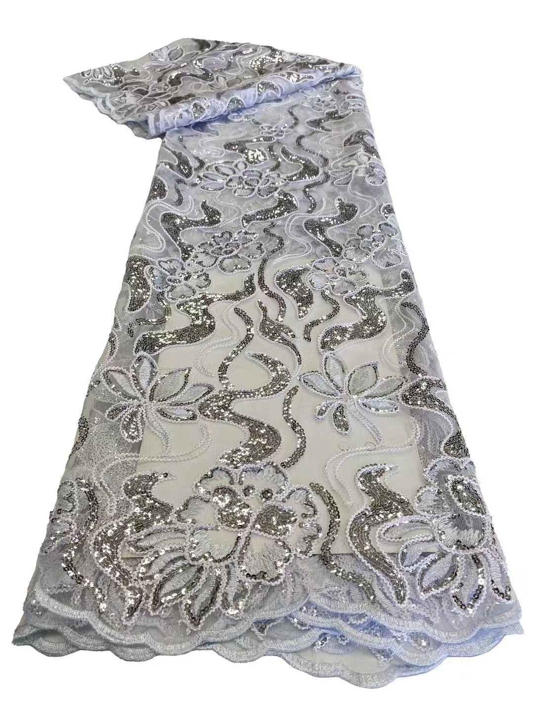 Custom High Quality Plant Flower Lace Sequin Beaded Embroidery Fabric Bead Beautiful Wavy Lines