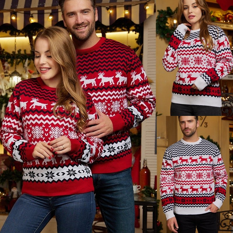Autumn Winter Funny Holiday Party New Products Ugly Christmas Jumper Couple Holiday Style Snowflake Deer Jacquard Pullover Sweat