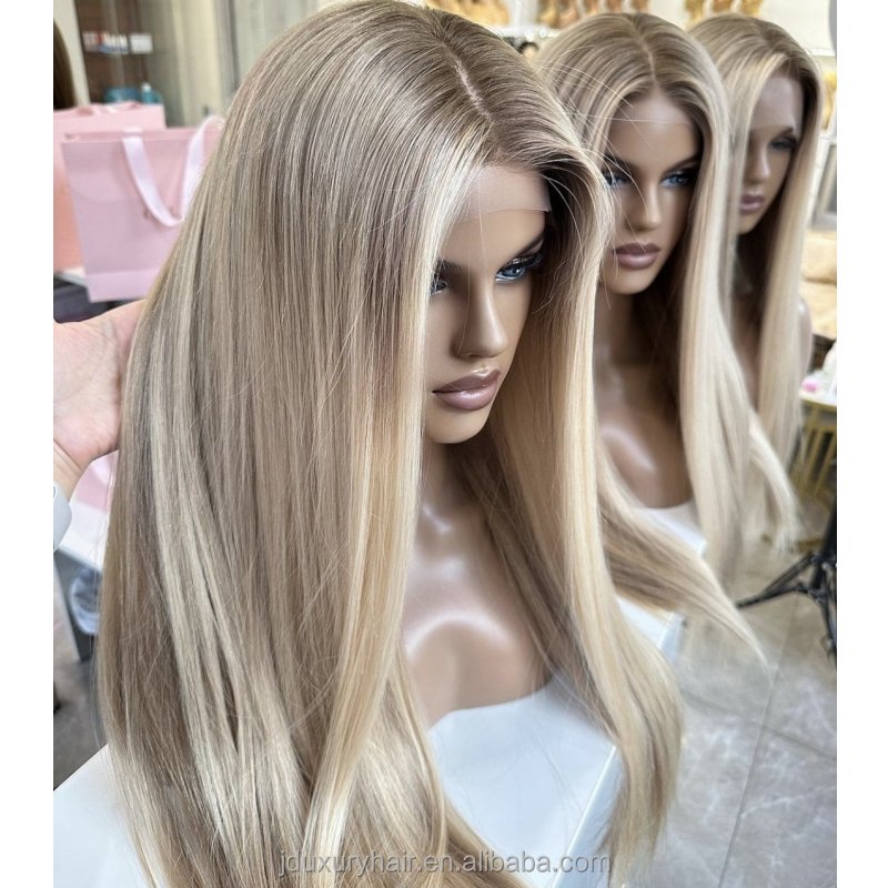 Human Raw Hair pelucas de encaje frontal Dark Ash Blonde Root Highlight jewish kosher 13x6 lace silk top wigs for white woman