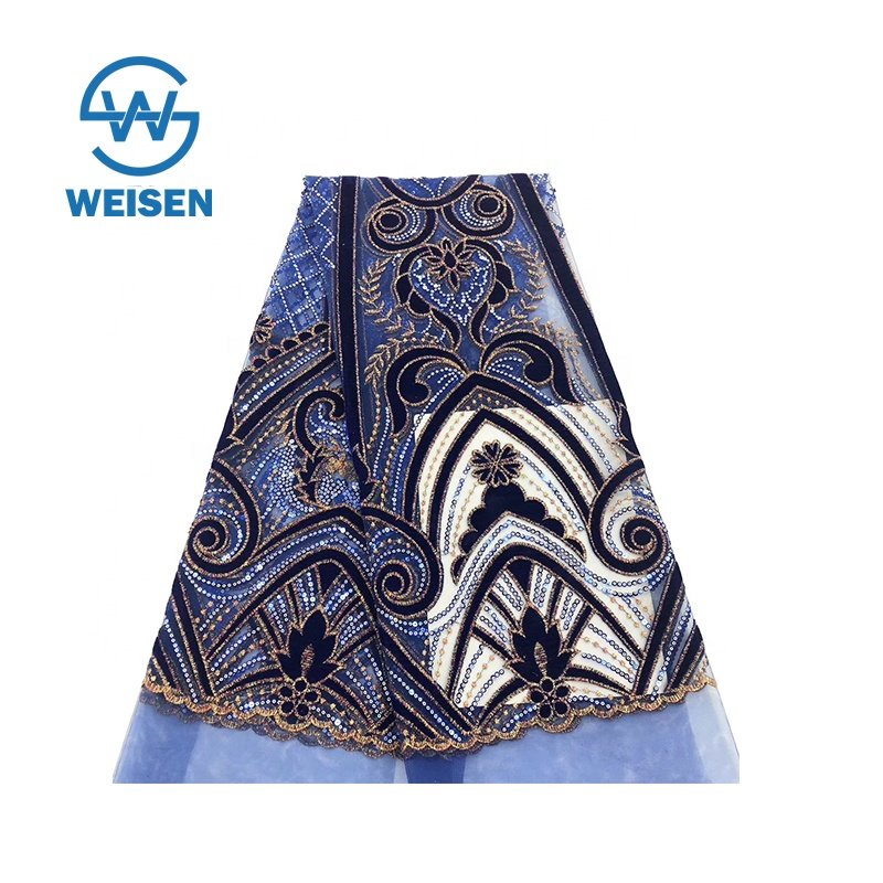 Sequence Fabric Velvet Net Embroidery Dress Royal Blue Tulle Lace Fabrics For Party