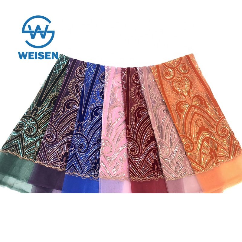 Sequence Fabric Velvet Net Embroidery Dress Royal Blue Tulle Lace Fabrics For Party