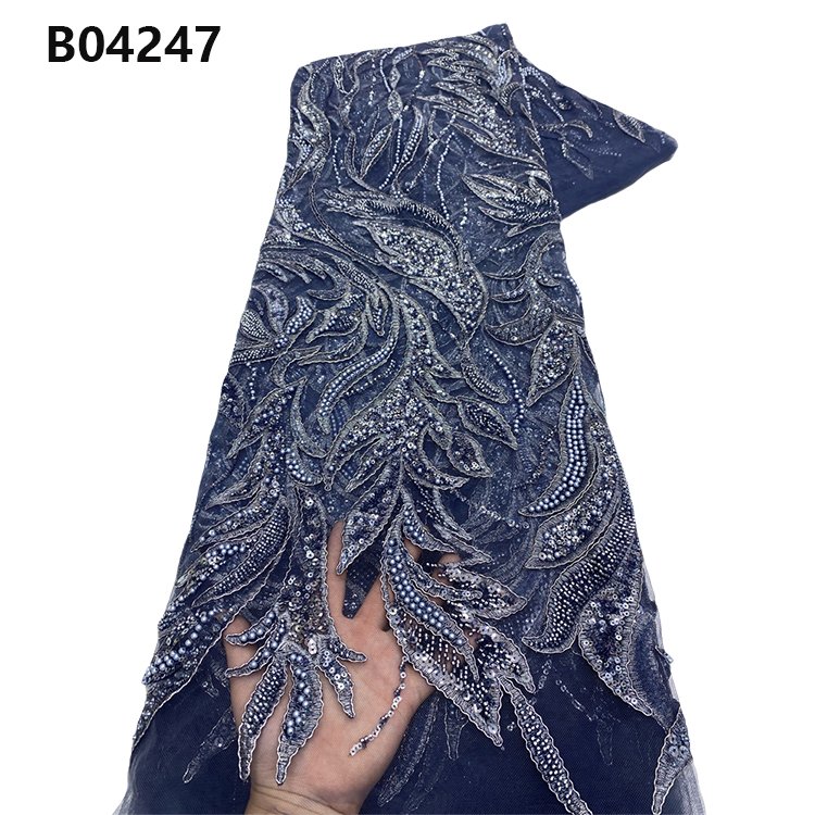 CHOCOO Wholesale Heavy Beaded Embroidery Lace Fabric Navy Blue Wedding African Tulle Sequins Lace Fabric