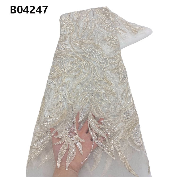 CHOCOO Wholesale Heavy Beaded Embroidery Lace Fabric Navy Blue Wedding African Tulle Sequins Lace Fabric