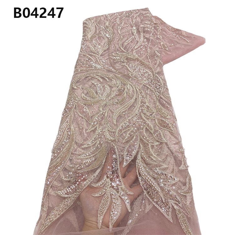 CHOCOO Wholesale Heavy Beaded Embroidery Lace Fabric Navy Blue Wedding African Tulle Sequins Lace Fabric