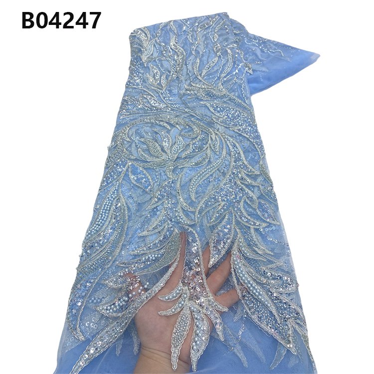 CHOCOO Wholesale Heavy Beaded Embroidery Lace Fabric Navy Blue Wedding African Tulle Sequins Lace Fabric