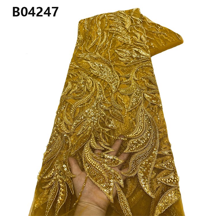 CHOCOO Wholesale Heavy Beaded Embroidery Lace Fabric Navy Blue Wedding African Tulle Sequins Lace Fabric