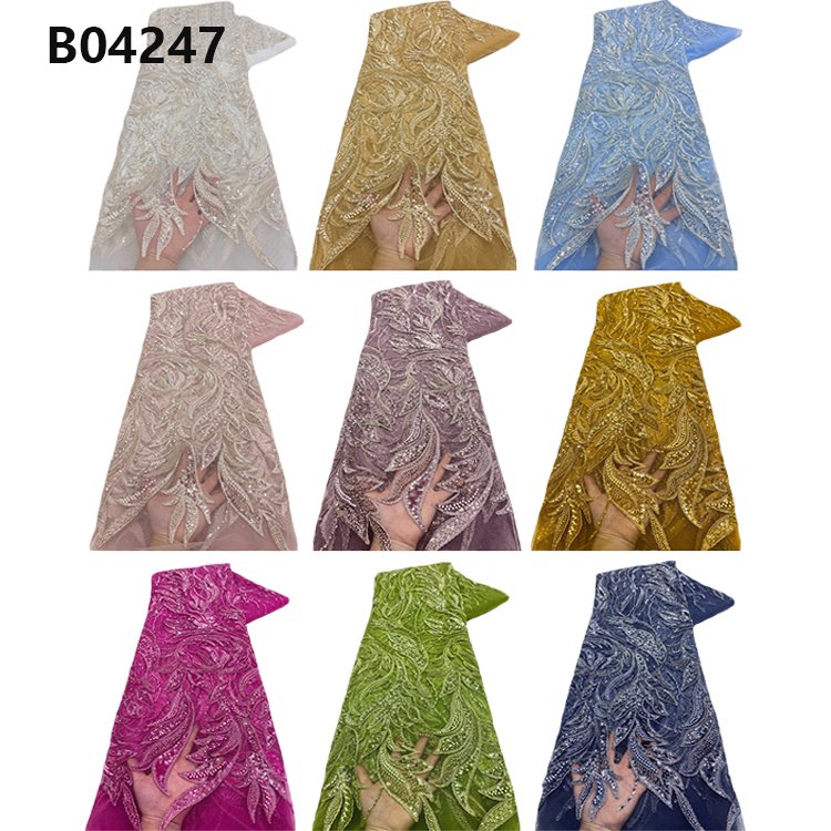 CHOCOO Wholesale Heavy Beaded Embroidery Lace Fabric Navy Blue Wedding African Tulle Sequins Lace Fabric