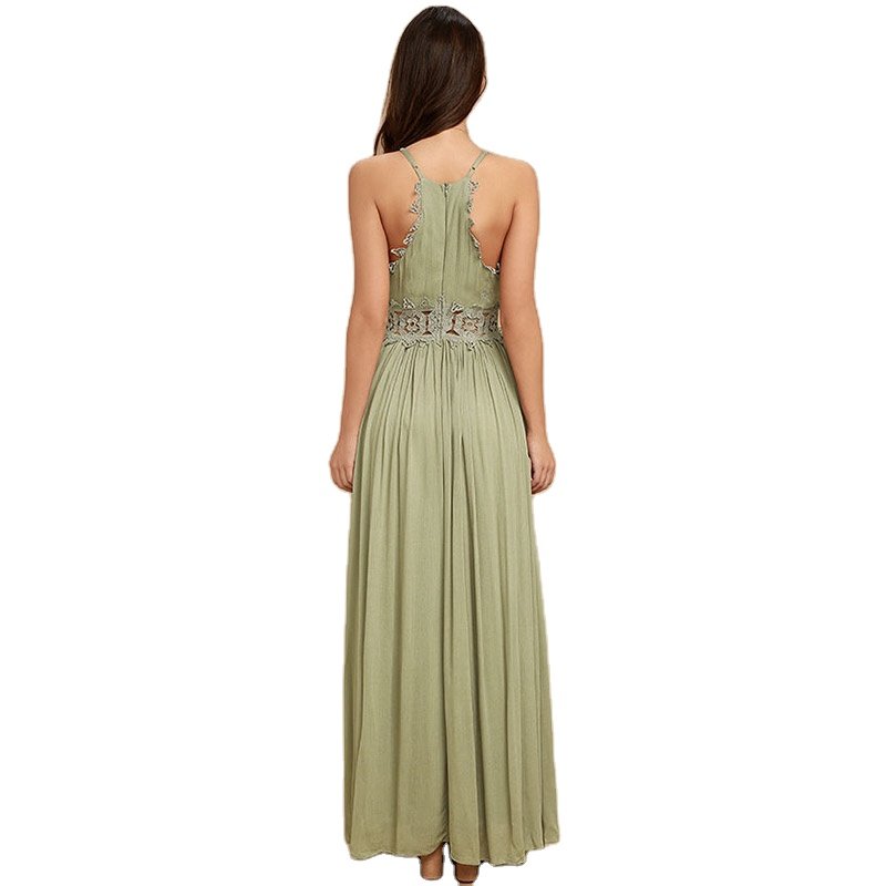 love sage green gauzy lace maxi dress V-neck adjustable spaghetti straps beach gown