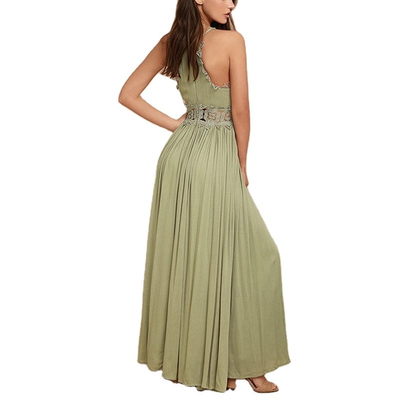 love sage green gauzy lace maxi dress V-neck adjustable spaghetti straps beach gown
