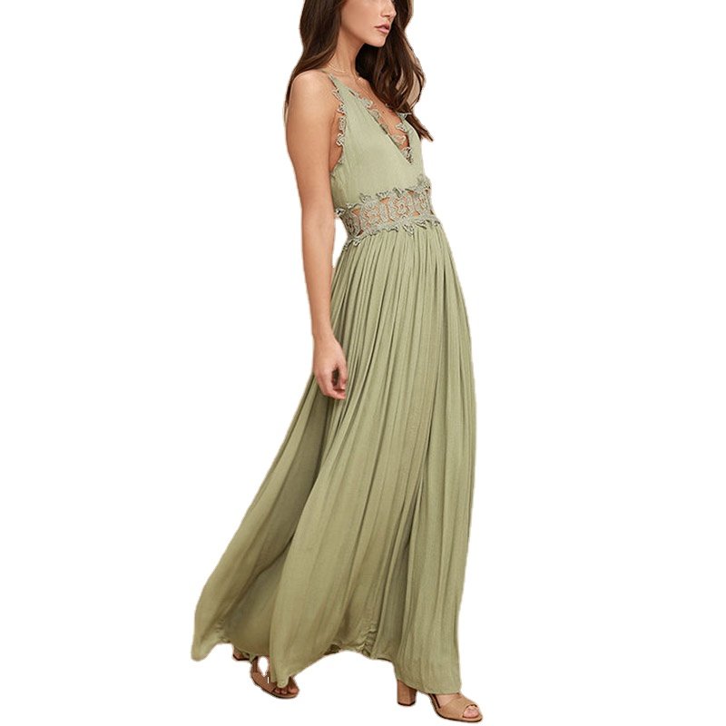 love sage green gauzy lace maxi dress V-neck adjustable spaghetti straps beach gown
