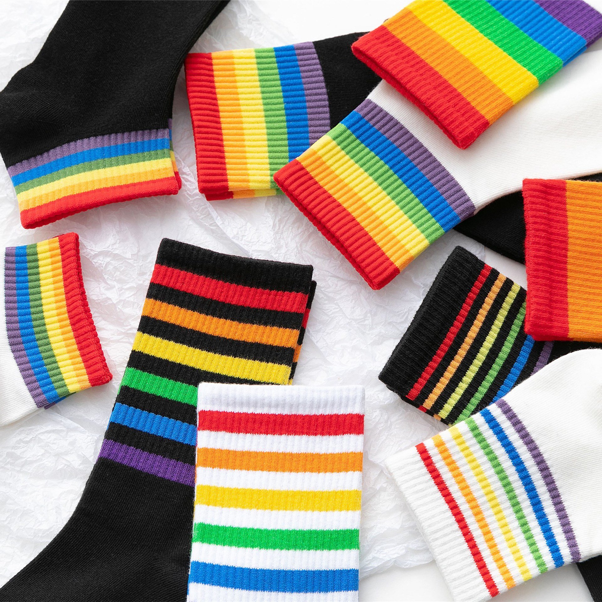 Hot Amazon Fancy Novelty Rainbow Striped Ribbed Custom Cotton Crew Gay Pride Socks