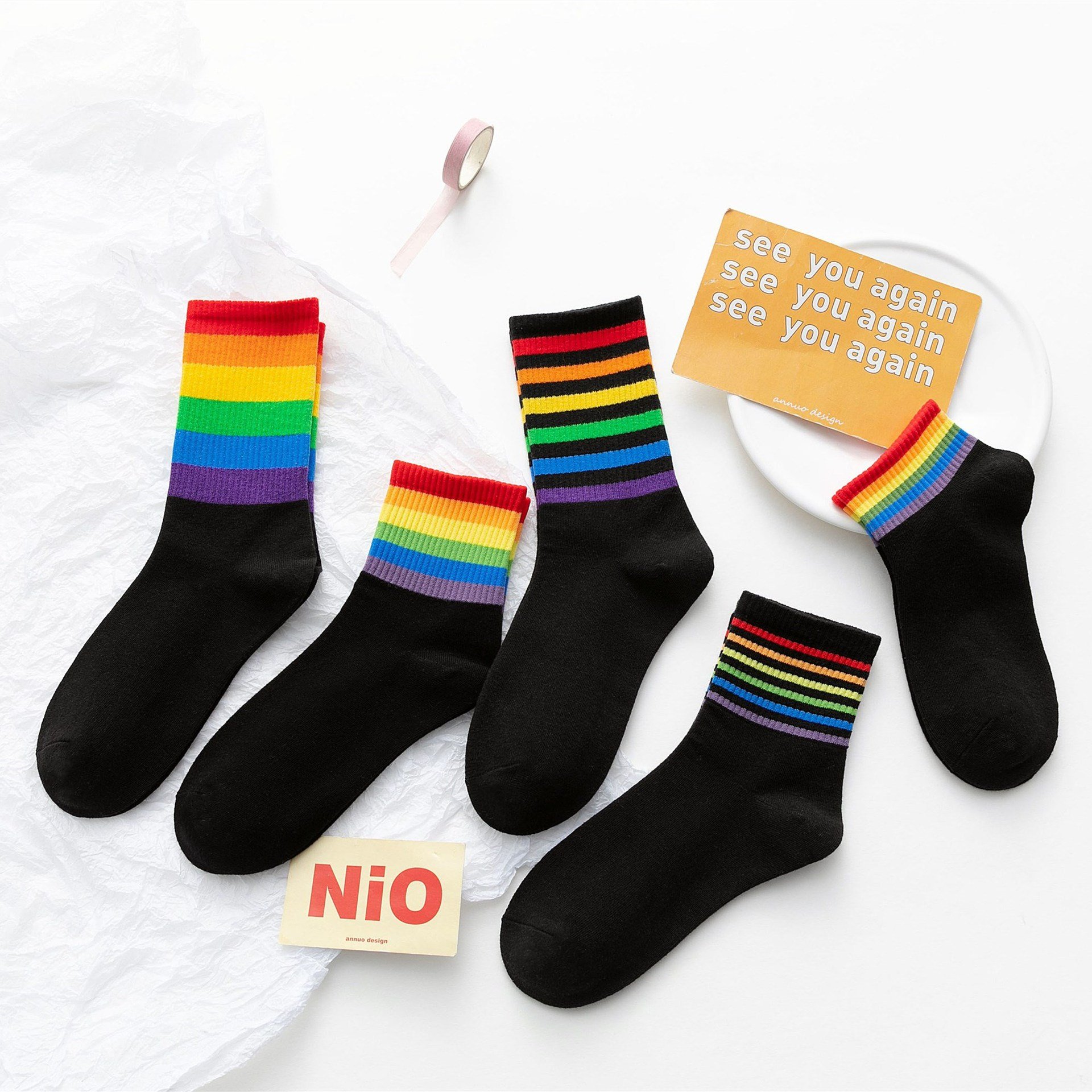 Hot Amazon Fancy Novelty Rainbow Striped Ribbed Custom Cotton Crew Gay Pride Socks