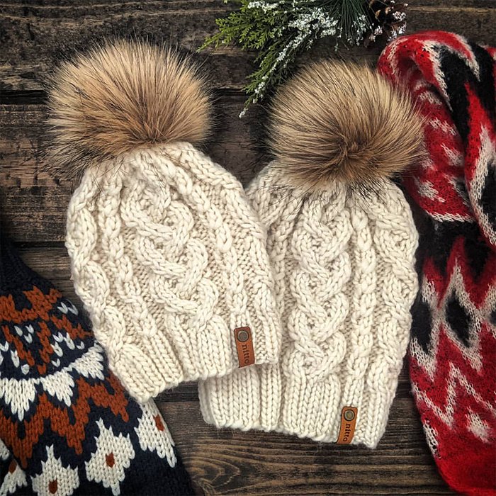 Winter Warm Wholesale Pink Cuffed Ribbed Faux Fur Jacquard Knitted POM POM Beanie Hats