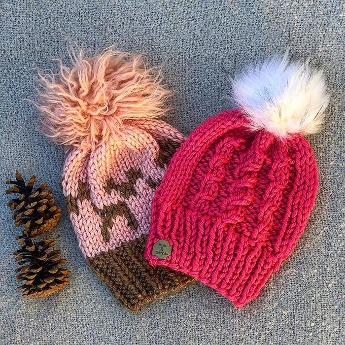 Winter Warm Wholesale Pink Cuffed Ribbed Faux Fur Jacquard Knitted POM POM Beanie Hats