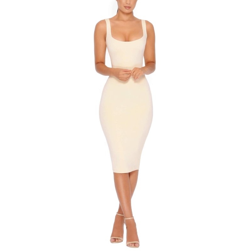 OEM Custom Fashion Sexy Sleeveless Ribbed Bodycon Party Off Shoulder Solid Color Midi Dress For Women
