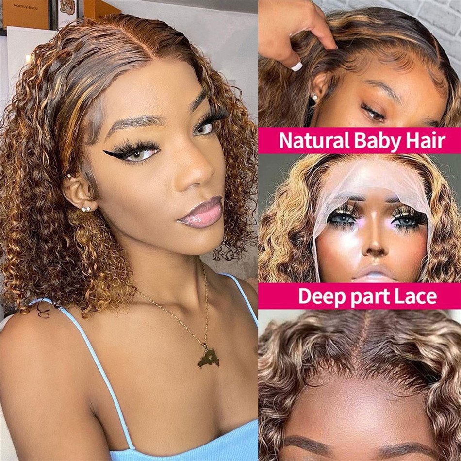 Cheap Water Wave Ombre #4/27 Highlight Bob Wig Brazilian Hair Short Bob Wigs Human Hair Lace Front Colored HD Lace Frontal Wig
