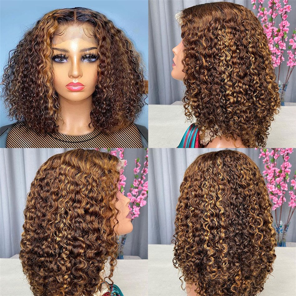 Cheap Water Wave Ombre #4/27 Highlight Bob Wig Brazilian Hair Short Bob Wigs Human Hair Lace Front Colored HD Lace Frontal Wig