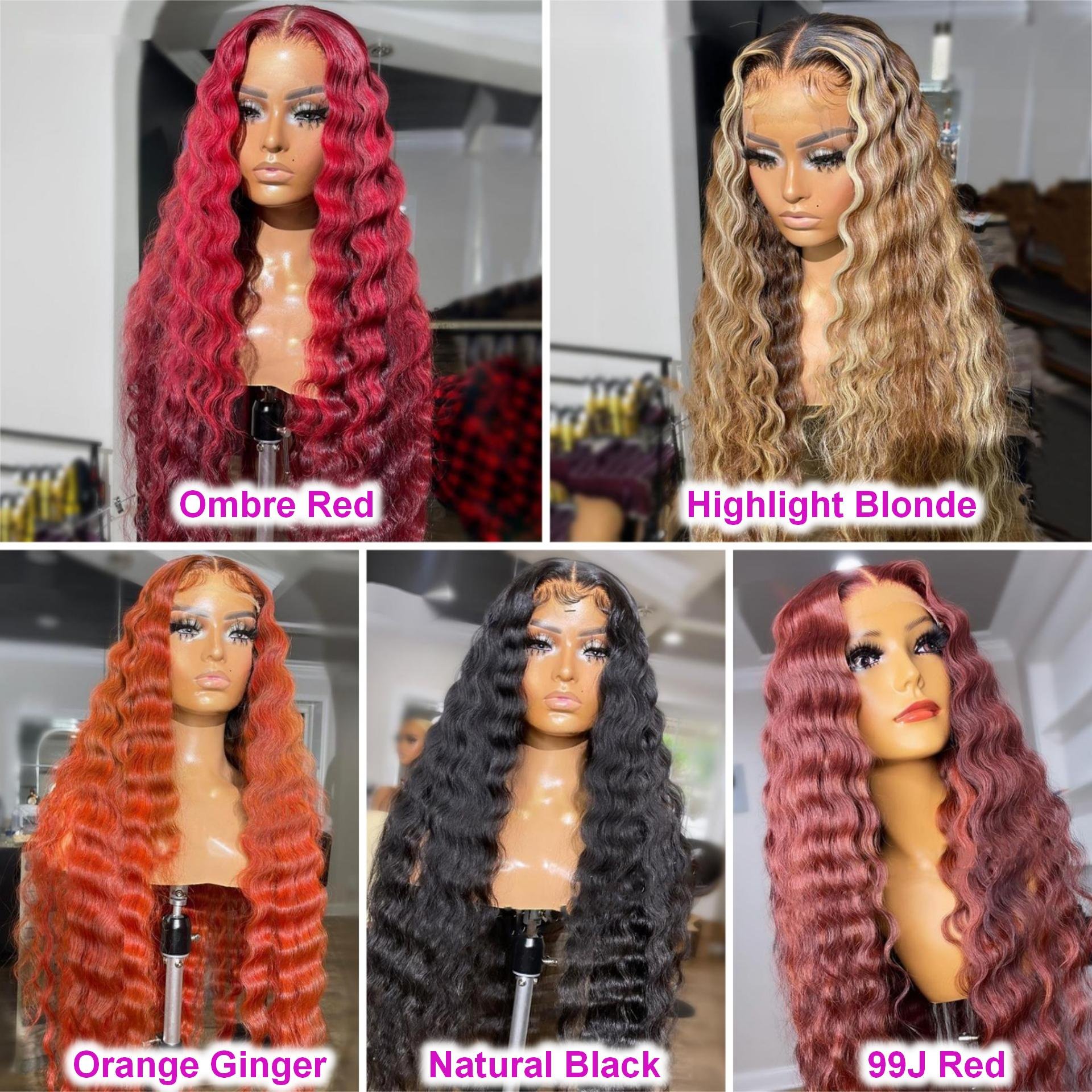 13x6 HD Lace Wigs Peruvian glueless full Curly lace front Wigs ,40in red 99j Colored curly Human Hair Wigs For Black Women
