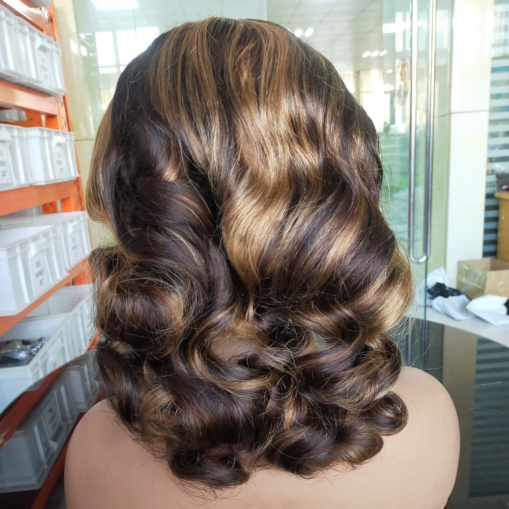 Bouncy curl wigs Highlight color 150 180 250 density virgin brazilian fumi curly human hair lace closure front wig
