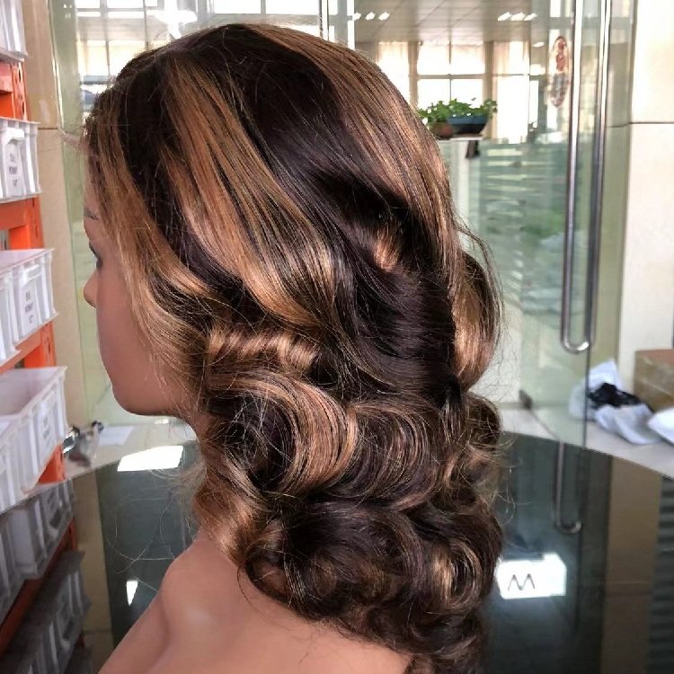 Bouncy curl wigs Highlight color 150 180 250 density virgin brazilian fumi curly human hair lace closure front wig