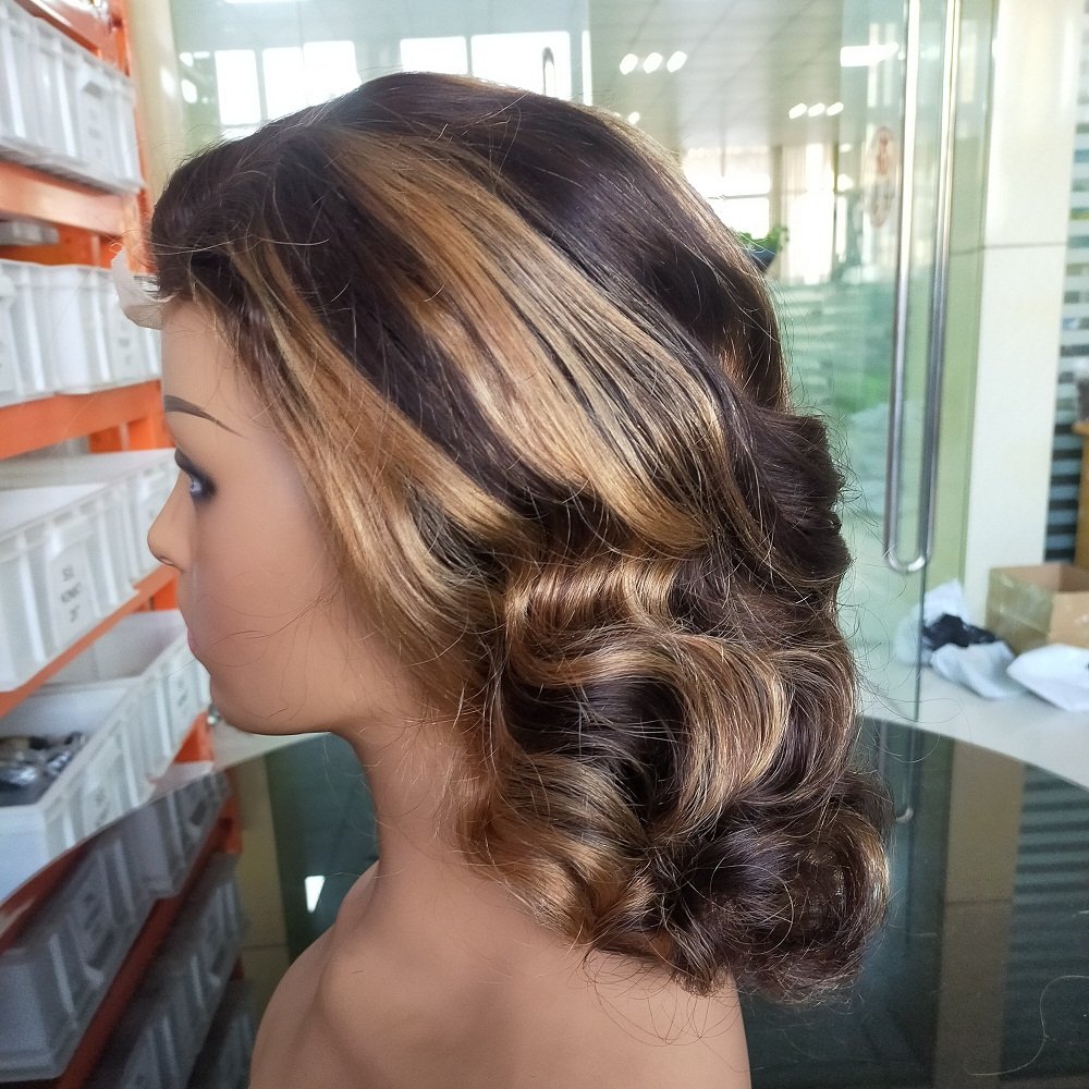 Bouncy curl wigs Highlight color 150 180 250 density virgin brazilian fumi curly human hair lace closure front wig