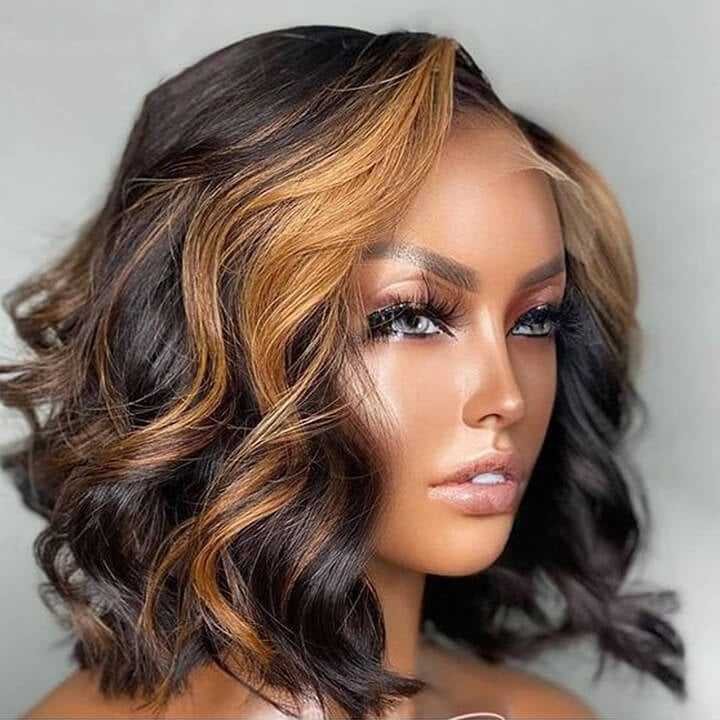 Bouncy curl wigs Highlight color 150 180 250 density virgin brazilian fumi curly human hair lace closure front wig