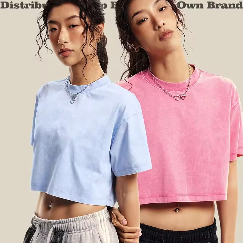 220gsm washed cotton womens plain fashion crop tops tee sexy wholesale fitness crop top tshirt casual