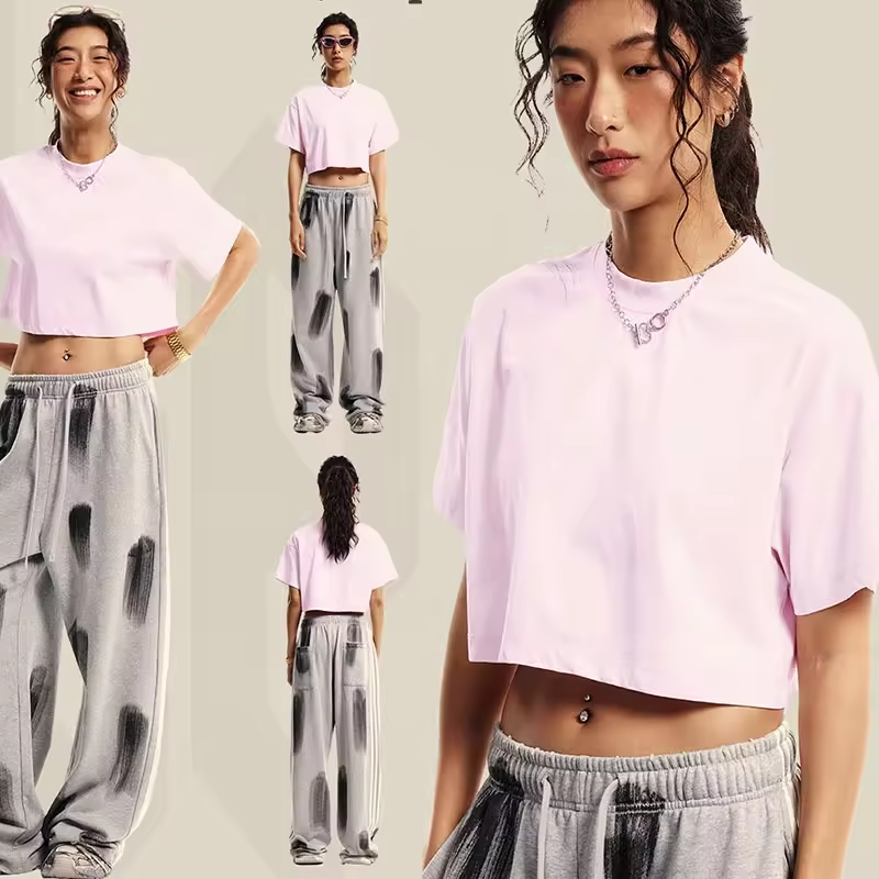 220gsm washed cotton womens plain fashion crop tops tee sexy wholesale fitness crop top tshirt casual