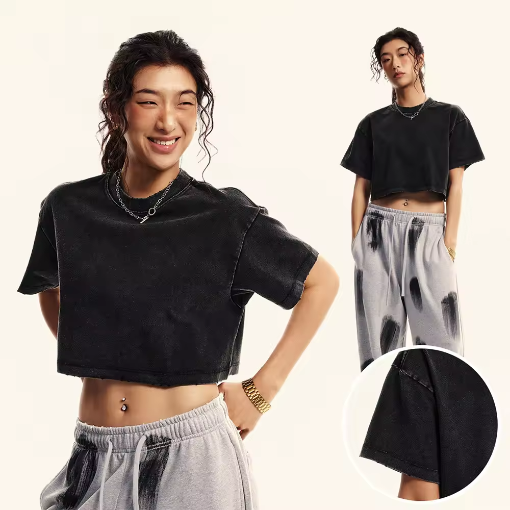 220gsm washed cotton womens plain fashion crop tops tee sexy wholesale fitness crop top tshirt casual