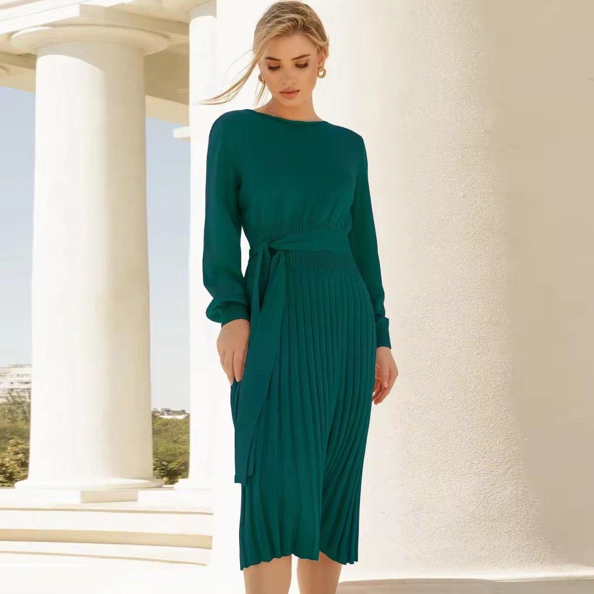 Women's new autumn lantern sleeve knitted dress slim-fit Pleated Sashes Mid-Calf bottom sweater dresses