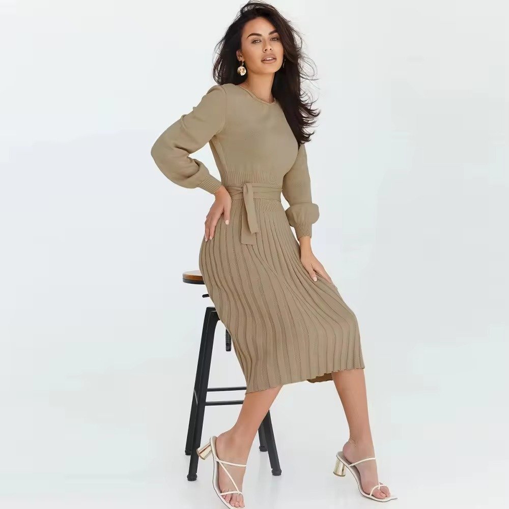 Women's new autumn lantern sleeve knitted dress slim-fit Pleated Sashes Mid-Calf bottom sweater dresses