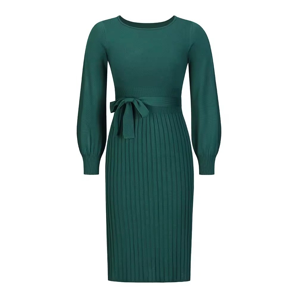 Women's new autumn lantern sleeve knitted dress slim-fit Pleated Sashes Mid-Calf bottom sweater dresses